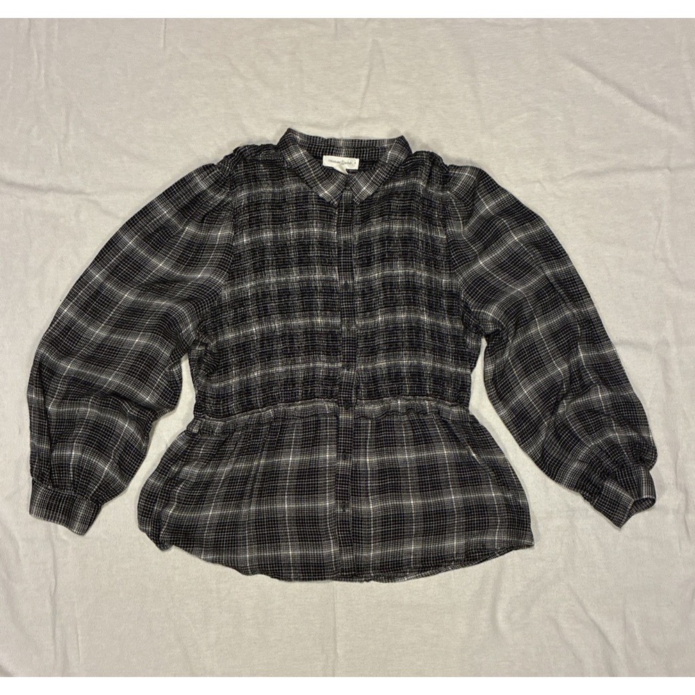 Women's‎ Top Large Multi Plaid Peplum Hem Puffy Sleeve Cottagecore Dark Academia